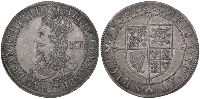 Charles I, Briot’s First Milled Issue, shilling, m.m. flower 2 on obverse, signe...