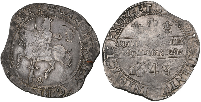 Charles I, Oxford mint, halfcrown, 1643 (first period), m.m. plume, obv., letter...