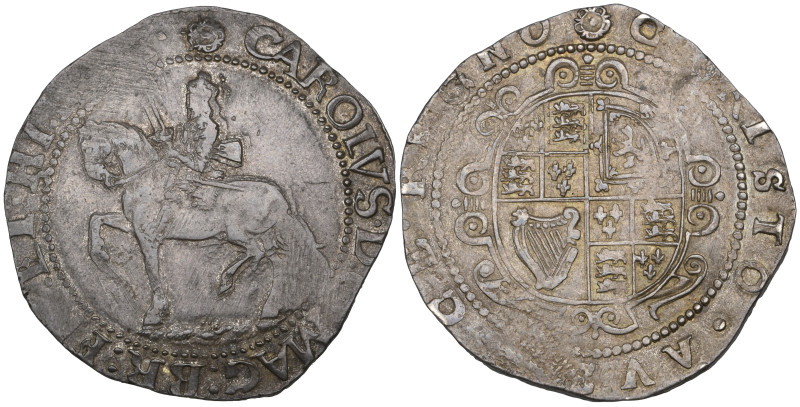 Charles I, Exeter mint, halfcrown, undated, m.m. rose, obv., Briot’s horseman ri...