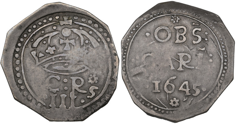 Charles I, Carlisle Besieged, 3 shillings, 1645, obv., large crown above C : R w...