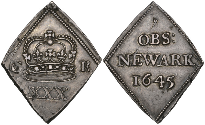 Charles I, Newark Besieged, lozenge-shaped halfcrown, 1645, obv.,large crown div...