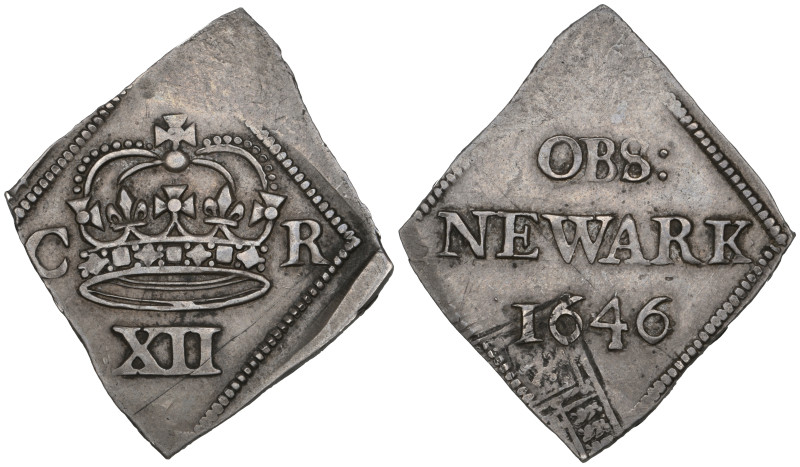 Charles I, Newark Besieged, shilling 1646, struck on a flan cut from a piece of ...