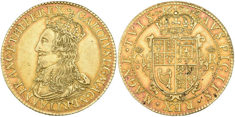 Charles I, pattern unite in gold, 1630, by Nicholas Briot, m.m. St. George and D...