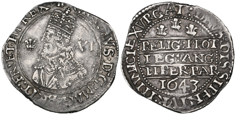 Charles I, Oxford mint, sixpence, 1643, struck from an Aberystwyth obverse die, ...