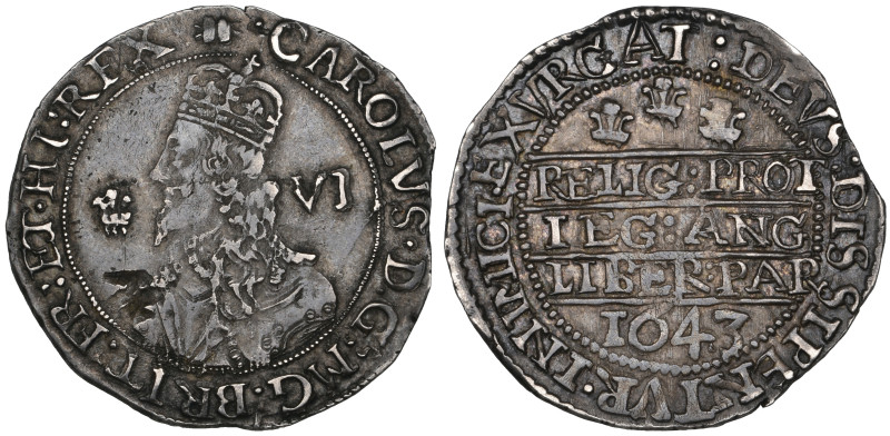 Charles I, Oxford mint, sixpence, 1643, struck from an Aberystwyth obverse die, ...