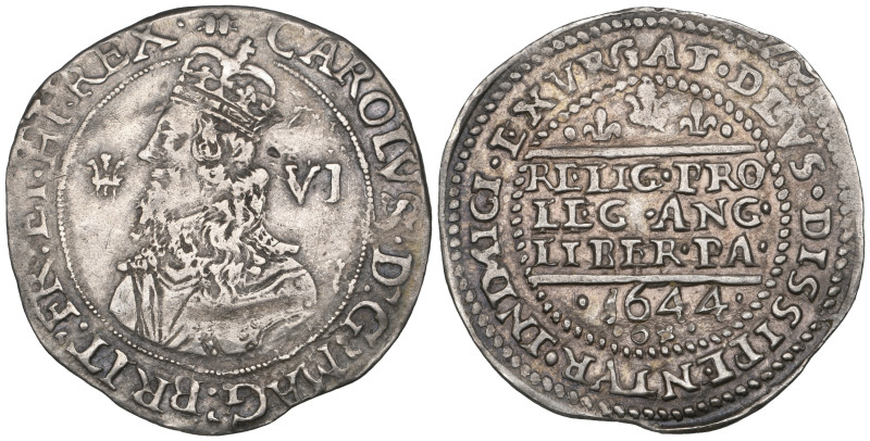 Charles I, Oxford mint, sixpence, 1644, struck from an Aberystwyth obverse die a...