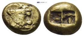 Lydian Kingdom. Alyattes to Kroisos. Electrum Trite. ca. 610-546 BC. Sardis. (4.74 Gr. 12mm.)
Head of roaring lion right, multiple-rayed sun on snout....