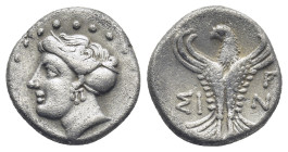 PAPHLAGONIA. Sinope. Late 4th-3rd century BC. Hemidrachm (2.6 Gr. 14mm.).
 Head of a nymph to left, her hair bound in sakkos, wearing triple-pendant e...