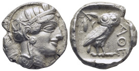 ATTICA. Athens. Ca. 465-454 BC. AR tetradrachm (17.16 Gr. 25mm.).
Helmeted head of Athena right
Rev. AΘE, owl standing right, head facing; olive bra...