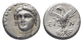 PAPHLAGONIA. Sinope. Trihemiobol (Circa 330-250 BC). (1.43 Gr. 10mm.)
 Head of nymph left, with hair in sakkos.
 Rev. Eagle facing, head left, wings d...