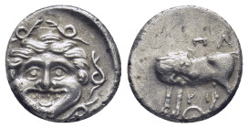 MYSIA, Parion. 4th century BC. AR Hemidrachm. (14mm, 2.24 g) Gorgoneion / ΠA–PI, bull standing left, head right; six-pointed star below.