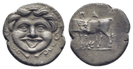 MYSIA, Parion. 4th century BC. AR Hemidrachm. (15mm, 2.28 g) Gorgoneion / ΠA–PI, bull standing left, head right; six-pointed star below.