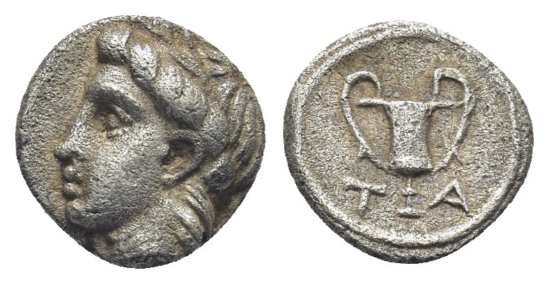 Aeolis. Temnos circa 400-300 BC. Obol AR (10mm., 1.0 g). Laureate head of Apollo...