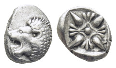 Ionia, Miletos AR Obol, c. 525-475 BC (1.19 Gr. 9mm.)
 Forepart of lion left. 
Rev. Stellate pattern in incuse square.