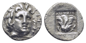 ISLANDS off CARIA, Rhodos. Rhodes. Circa 88-84 BC. AR Hemidrachm (1.23 Gr. 12mm.)
 Radiate head of Helios right 
Rev. Rose with buds to left and right
