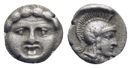 PISIDIA. Selge. Obol (Circa 300-190 BC). (0.9 Gr. 9mm.)
 Gorgoneion.
 Rev. Helmeted head of Athena right.