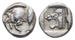 MYSIA, Kyzikos. Circa 450-400 BC. AR Obol (1.28 Gr. 10mm.). 
Forepart of boar left; tunny to right 
Rev. Head of lion left within incuse square.