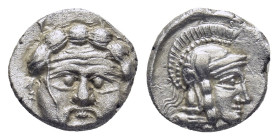 PISIDIA. Selge. Obol (Circa 300-190 BC). (0.95 Gr. 10mm.)
 Gorgoneion.
 Rev. Helmeted head of Athena right.