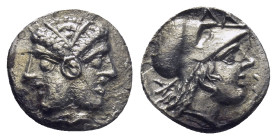 MYSIA. Lampsakos. (4th-3rd centuries BC). AR Diobol. (15mm, 1.11 g) Obv: Janiform female head. Rev: ΛAΨ. Helmeted head of Athena right within incuse s...