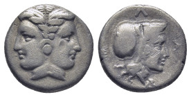 Mysia. Lampsakos circa 400-200 BC. Tetrobol AR (14mm., 2,41 g). Janiform female head, wearing taenia and earring / Λ-A-M, head of Athena right, wearin...