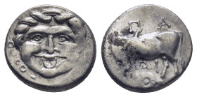 MYSIA, Parion. 4th century BC. AR Hemidrachm. (14mm, 2.28 g) Gorgoneion / ΠA–PI, bull standing left, head right; six-pointed star below.