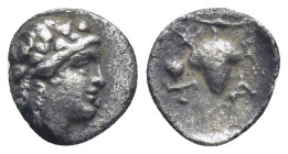 AEOLIS. Temnos. (Circa 2nd C. BC.) AR Hemidrachm. (11mm, 0.88 g) Obv: Head of young Dionysos right, wearing ivy wreath. Rev: T-A, Bunch of grapes on v...