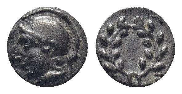 AEOLIS, Elaia. Circa 450-400 BC. AR Hemiobol (7mm, 0.34 g). Helmeted head of Ath...