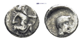 CILICIA, Uncertain. 351-338 BC. AR Tetartemorion (0.16 Gr. 5mm.). 
Persian king or hero in kneeling-running stance right, holding dagger and bow 
Rev....