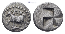 Thrace. Byzantion circa 340-320 BC. Quarter Siglos or Trihemiobol AR (1.1 Gr. 10mm.)
Bull standing to left atop dolphin; 'ΠΥ above 
Rev. Quadripartite...