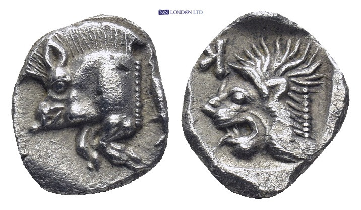 Mysia, Cyzicus, AR Obol, 5th century BC. (0.8 Gr. 9mm.)
Forepart of boar left, t...