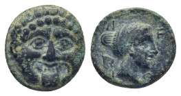 MACEDON, Neapolis. Circa 375-350 BC. Æ (11mm, 1.38 g). Facing gorgoneion / Head of female right; ivy leaf behind neck.