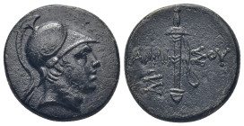 PONTOS, Amisos. temp. Mithradates VI. Circa 100-85 BC. Æ (21mm, 7.7 g). Helmeted head of Ares(?) right / Sword in sheath; Σ-A flanking.