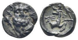 Pisidia, Selge. 2nd-1st century BC. (1.9 Gr. 13mm.) 
Bearded head of Herakles three-quarter facing, wreathed with styrax, club to left. 
Rev. Forepart...