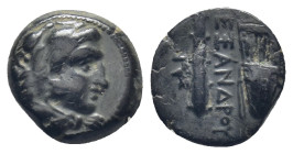 Kings of Macedon. Uncertain mint in Asia Minor. Alexander III "the Great" 336-323 BC. (1.67 Gr. 12mm.)
Head of Herakles to right, wearing lion skin he...