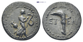 PISIDIA. Etenna. Ae (16mm, 2.5 g) (1st century BC). Obv: Female figure advancing right, head left, holding serpent; tilted amphora to left. Rev: ETEN....