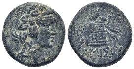 Pontos, Amisos. 85-65. AE (21mm, 8.0 g) Dionysos right Rev.Cista mystica with panther skin and thyrsos, monogram to left.