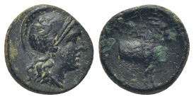 AEOLIS, Aigai. 2nd-1st centuries BC. Æ (13mm, 2.0 g). Helmeted head of Athena right / Forepart of a goat right.