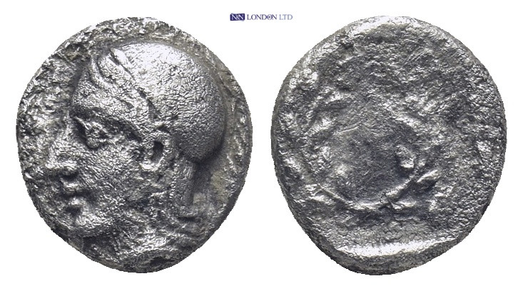 AEOLIS, Elaia. Circa 450-400 BC. AR Diobol (9mm, 1.00 g). Helmeted head of Athen...