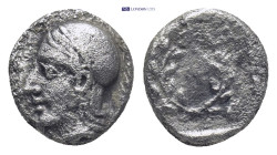 AEOLIS, Elaia. Circa 450-400 BC. AR Diobol (9mm, 1.00 g). Helmeted head of Athena left / Laurel wreath within incuse square.