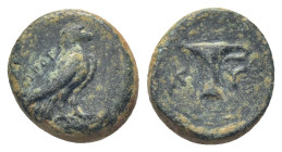 AEOLIS. Kyme. (Circa 350-320 BC). Androteles, magistrate. AE. (11mm, 1.55 g) Obv: Eagle, with closed wings, standing right. Rev: One-handled vase; K-Y...