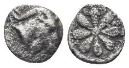 Aeolis, Kyme, AR Hemiobol, (0.53 g 10 mm), 4th century BC. Obv: Head of goat right. Rev: K – [Y], Floral pattern.