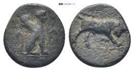 Caria, Kaunos. Ca. before 309 B.C. AE (12mm, 1.5 g). Sphinx right [K - A] in fields(?) / Bull butting right.