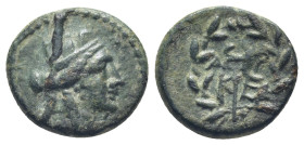 Caria. Keramos circa 200-0 BC. (3.9 Gr. 14mm.)
Turreted head of Tyche right 
Rev. Kerykeion within laurel wreath.