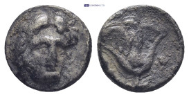 Islands off Caria. Rhodos circa 340-316 BC. Hemidrachm AR (12 mm., 1,64 g). Head of Helios facing slightly right / Rose with bud to right, grape bunch...