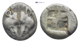 LESBOS, Unattributed early mint. Circa 500-450 BC. AR (10mm, 1.26 g) Diobol Confronted boars’ heads Rev: Quadripartite incuse square.