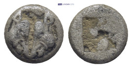 LESBOS, Unattributed early mint. Circa 500-450 BC. AR (9mm, 1.17 g) Diobol Confronted boars’ heads Rev: Quadripartite incuse square.