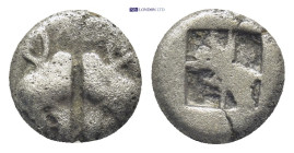 LESBOS, Unattributed early mint. Circa 500-450 BC. AR (9mm, 1.23 g) Diobol Confronted boars’ heads Rev: Quadripartite incuse square.