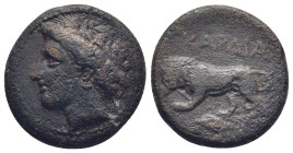 THRACE, Kardia. Circa 350-309 BC. Æ (21mm, 8.35 g). Wreathed head of Persephone left, wearing earring and necklace / Lion standing left, breaking a sp...