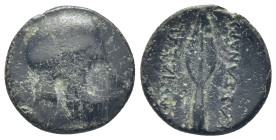 Macedonian Kingdom. Kassander. 316-297 B.C. AE unit (18mm, 3.5 g,). Uncertain Macedonian mint. Helmet left / BAΣIΛEΩΣ KAΣΣANΔPOY, spearhead right....