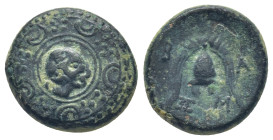 Kings of Macedon. Uncertain mint. Alexander III "the Great" 336-323 BC. Half Unit Æ (17mm, 4.9 g) Macedonian shield, on boss, head of Herakles right, ...